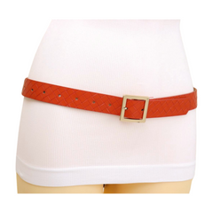 Women Orange Basket Weave Skinny Belt Gold Metal Square Buckle Size S M
