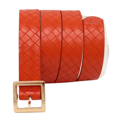 Women Orange Basket Weave Skinny Belt Gold Metal Square Buckle Size S M