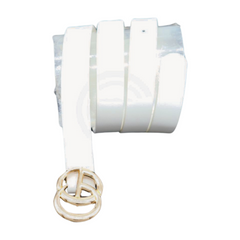 Women White Faux Leather Skinny Belt Gold Metal Buckle M L