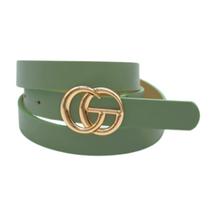 Women Light Green Faux Leather Belt Gold Metal Buckle M L
