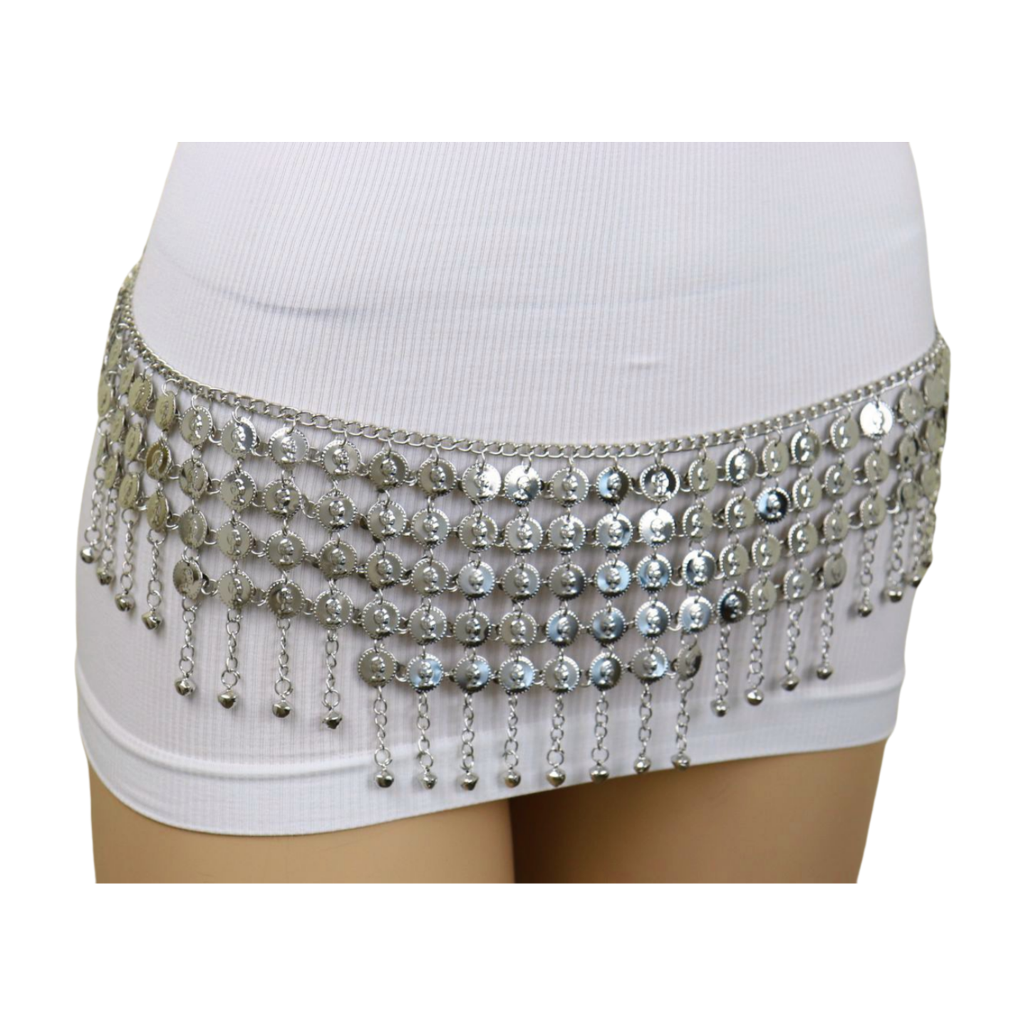 Women Ethnic Silver Metal Chain Coin Charms Belt S M 