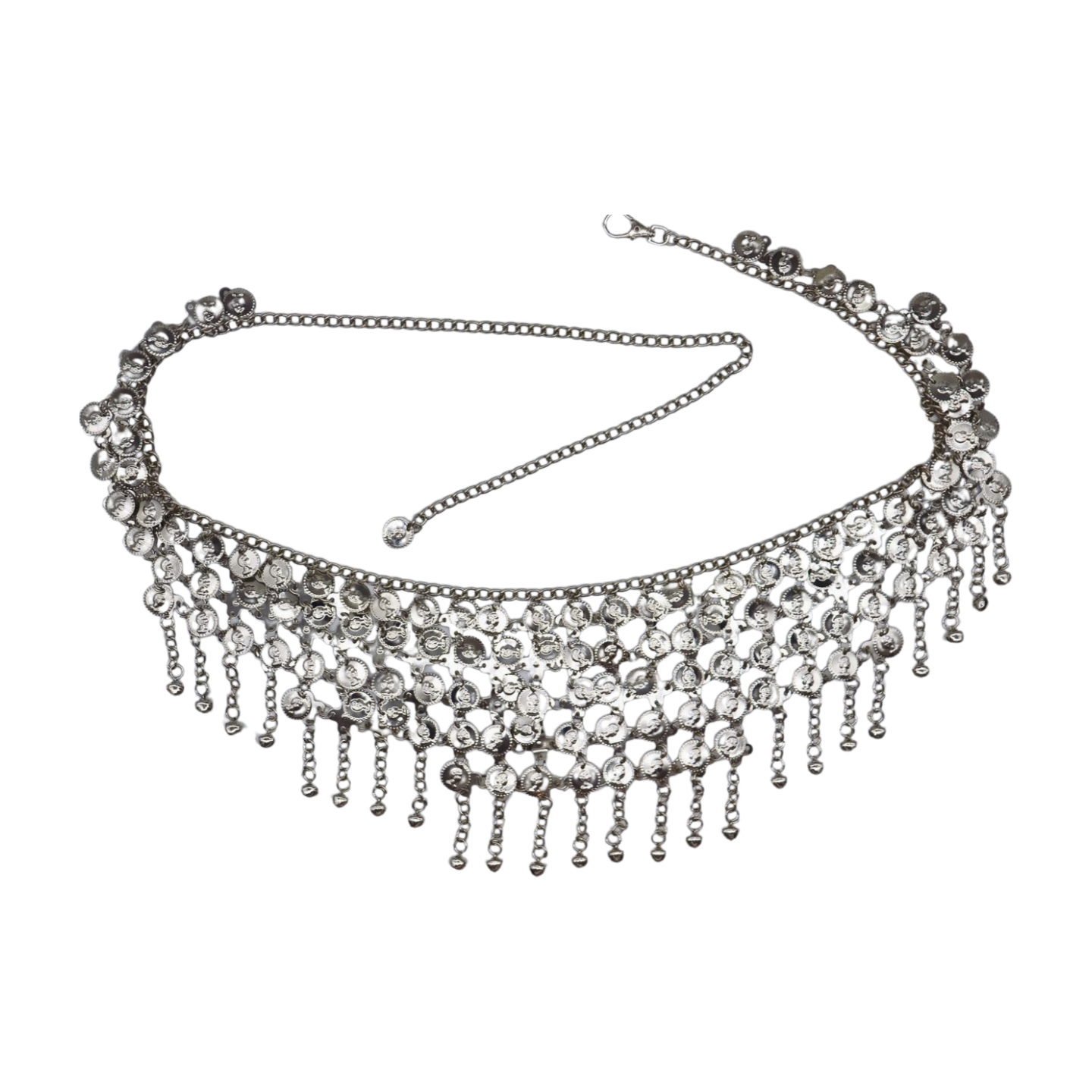 6567 Tfj Women Fashion Belt Hip High Waist Silver Metal Chains Coin Charm Chunky Textured Chain Link Metal Belt With Dangle Ottoman  main image 2