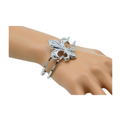 New Women Silver Metal Wrist Cuff Bracelet Fleur De Lis Charm