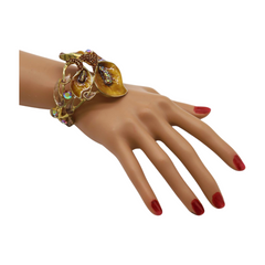New Women Gold Metal Big Lily Brown Flower Wrist Cuff Bracelet Fancy Fashion Jewelry