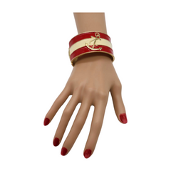 New Women Nautical Fashion Gold Metal Wrist Cuff Bracelet Red Cream Anchor Jewelry