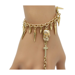 New Women Gold Metal Hand Chain Bracelet Fashion Cross Spike Skull Ring