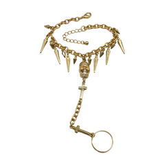 New Women Gold Metal Hand Chain Bracelet Fashion Cross Spike Skull Ring