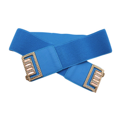 New Women Blue Wide Elastic Fashion Belt Gold Bling Square Buckle S M