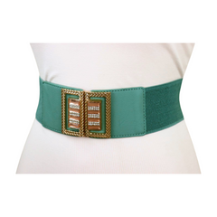 New Women Teal Blue Elastic Fashion Belt Gold Metal Bling Square Buckle S M