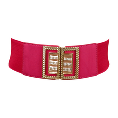 New Women Pink Elastic Fashion Belt Gold Bling Square Buckle S M