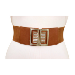 New Women Brown Elastic Fashion Belt High Waist Gold Bling Square Buckle S M