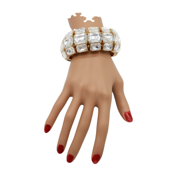Women Gold Metal Elastic Bracelet Shiny Silver Bling Beads