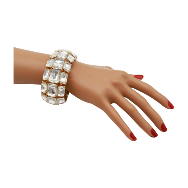 Women Gold Metal Elastic Bracelet Shiny Silver Bling Beads