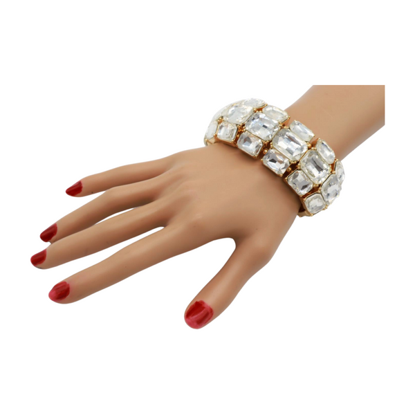 Women Gold Metal Elastic Bracelet Shiny Silver Bling Beads