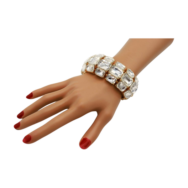 Women Gold Metal Elastic Bracelet Shiny Silver Bling Beads
