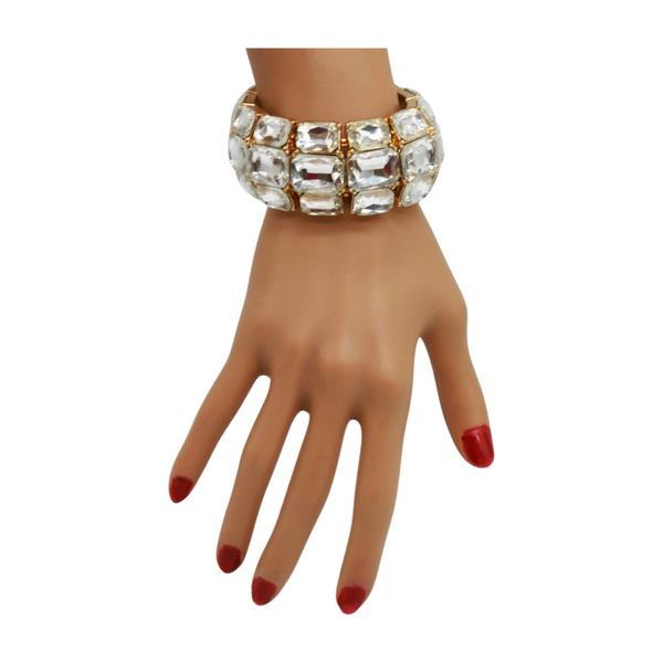Women Gold Metal Elastic Bracelet Shiny Silver Bling Beads