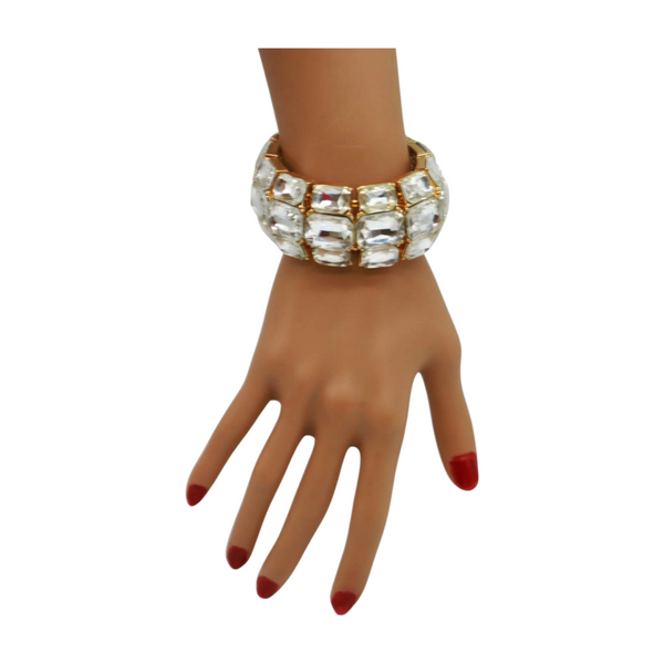 Women Gold Metal Elastic Bracelet Shiny Silver Bling Beads