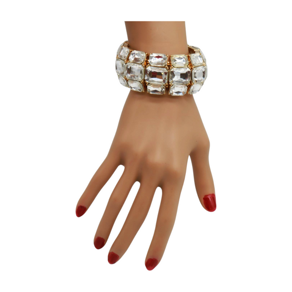 Women Gold Metal Elastic Bracelet Shiny Silver Bling Beads