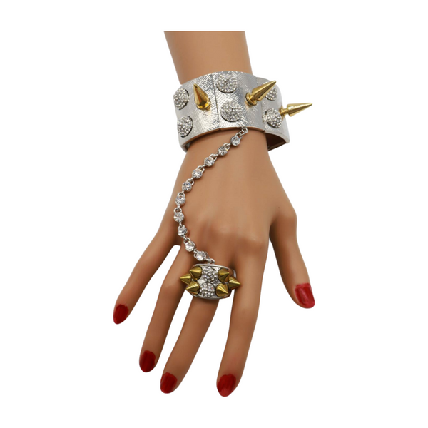 Women Silver Metal Hand Chain Gold Spikes Bracelet Ring