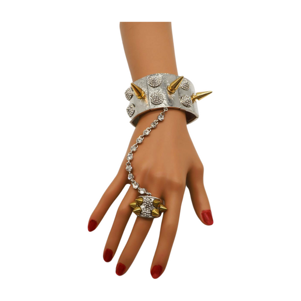 Women Silver Metal Hand Chain Gold Spikes Bracelet Ring