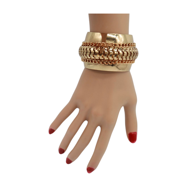 Women Gold Metal Wrist Cuff Bracelet Chain Mesh