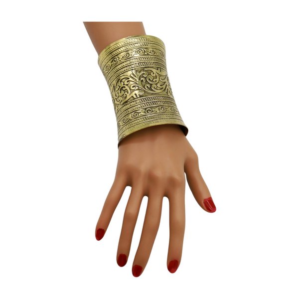 Women Antique Gold Long Metal Roman Cuff Bracelet