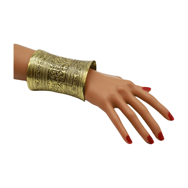 Women Antique Gold Long Metal Roman Cuff Bracelet