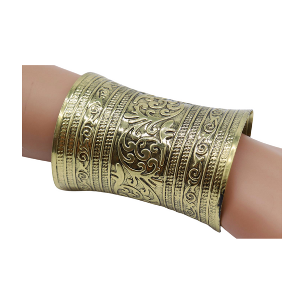 Women Antique Gold Long Metal Roman Cuff Bracelet