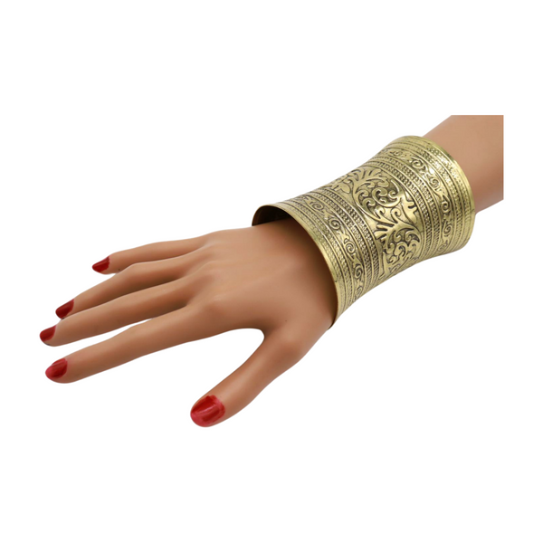 Women Antique Gold Long Metal Roman Cuff Bracelet