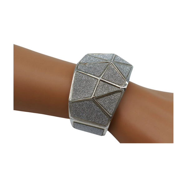 Women Silver Color Metal Wide Bracelet Sparkling Glitter Geometric