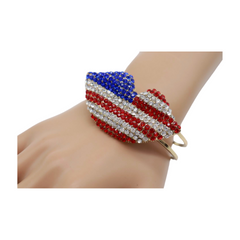 Women Gold Metal Cuff Bracelet Bling USA Flag Kiss Lips