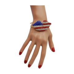 Women Gold Metal Cuff Bracelet Bling USA Flag Kiss Lips