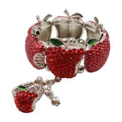 Women Silver Metal Hand Chain Red Apples Bracelet Ring Jewelry