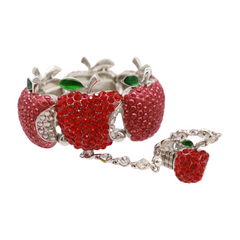 Women Silver Metal Hand Chain Red Apples Bracelet Ring Jewelry