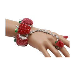Women Silver Metal Hand Chain Red Apples Bracelet Ring Jewelry