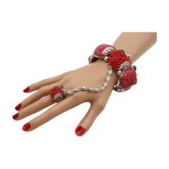 Women Silver Metal Hand Chain Red Apples Bracelet Ring Jewelry