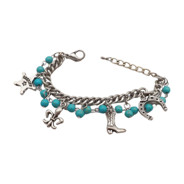 Women Silver Metal Chain Bracelet Western Sheriff Boot Horseshoe Charm Turquoise