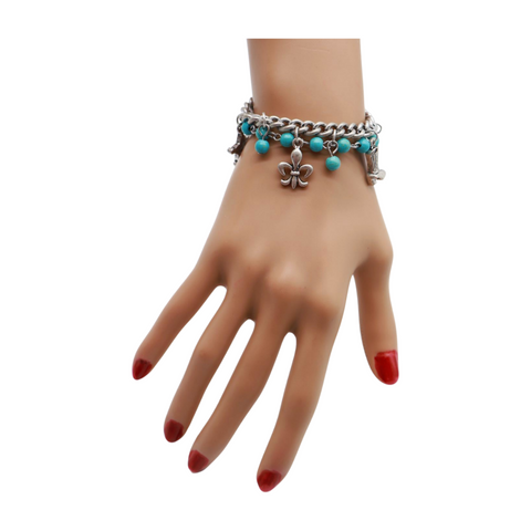Women Silver Metal Chain Bracelet Western Sheriff Boot Horseshoe Charm Turquoise