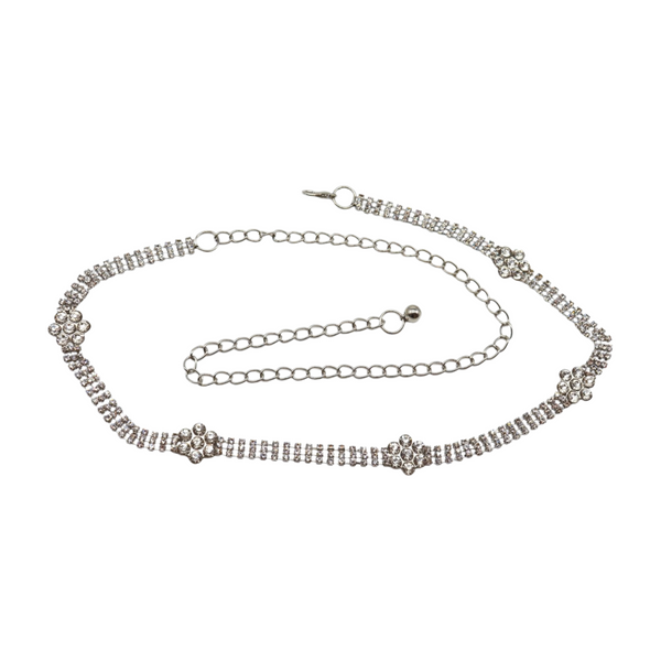 Brand New Women Silver Metal Chain Belt Flower Charm Beads S M L