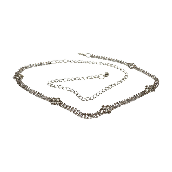Brand New Women Silver Metal Chain Belt Flower Charm Beads S M L
