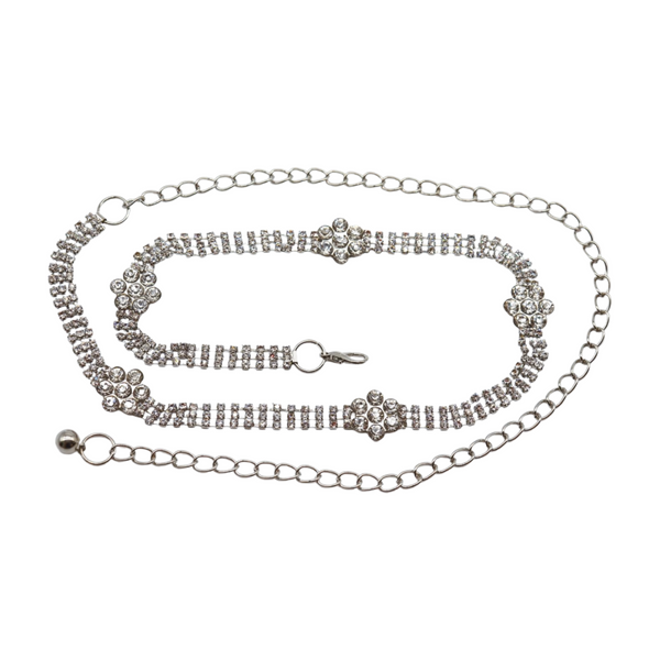 Brand New Women Silver Metal Chain Belt Flower Charm Beads S M L