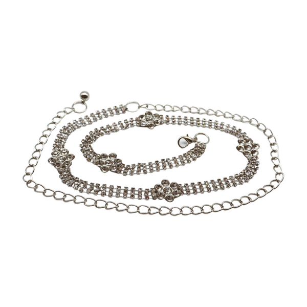 Brand New Women Silver Metal Chain Belt Flower Charm Beads S M L
