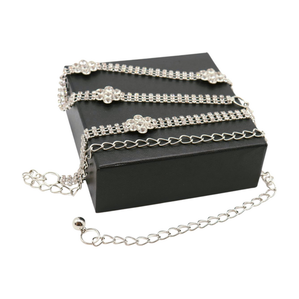 Brand New Women Silver Metal Chain Belt Flower Charm Beads S M L