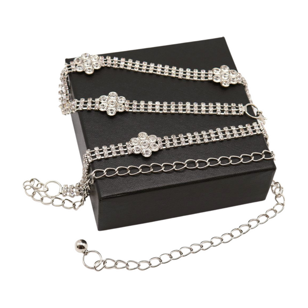 Brand New Women Silver Metal Chain Belt Flower Charm Beads S M L