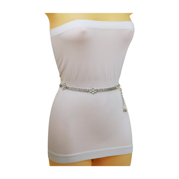 Brand New Women Silver Metal Chain Belt Flower Charm Beads S M L