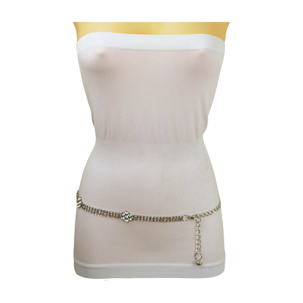 Brand New Women Silver Metal Chain Belt Flower Charm Beads S M L
