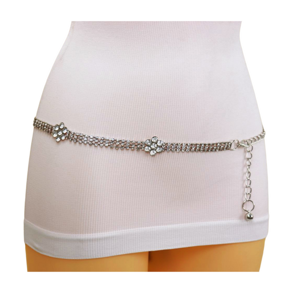 Brand New Women Silver Metal Chain Belt Flower Charm Beads S M L