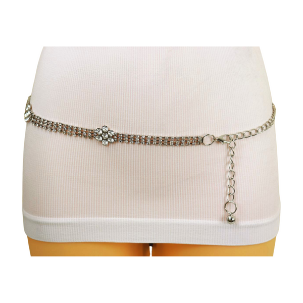 Brand New Women Silver Metal Chain Belt Flower Charm Beads S M L