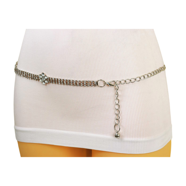 Brand New Women Silver Metal Chain Belt Flower Charm Beads S M L