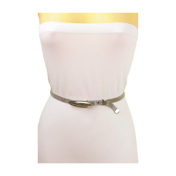 Women Silver Mesh Metal Ultra Skinny Belt Long Buckle Size S